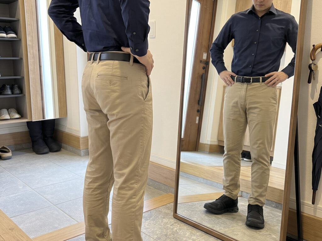 セルフ採寸STEP2　ウエストを普段履く位置に合わせてベルトで固定する